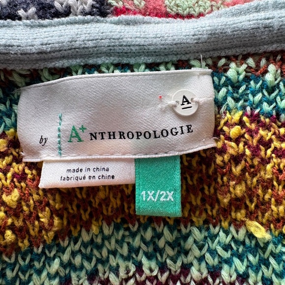 Anthropologie Boho Abstract Multicolor Patchwork Open Cardigan Sweater 1X/2X - Picture 3 of 16